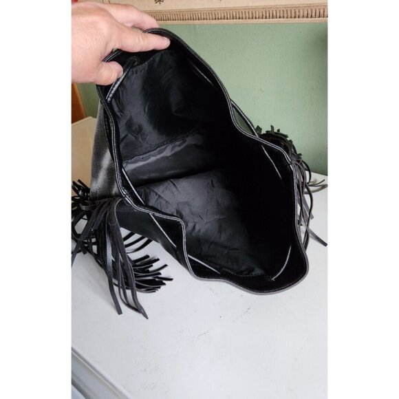 Victoria's Secret Black Fringe Detail Drawstring Bucket Style Mini Back Pack - Picture 5 of 5